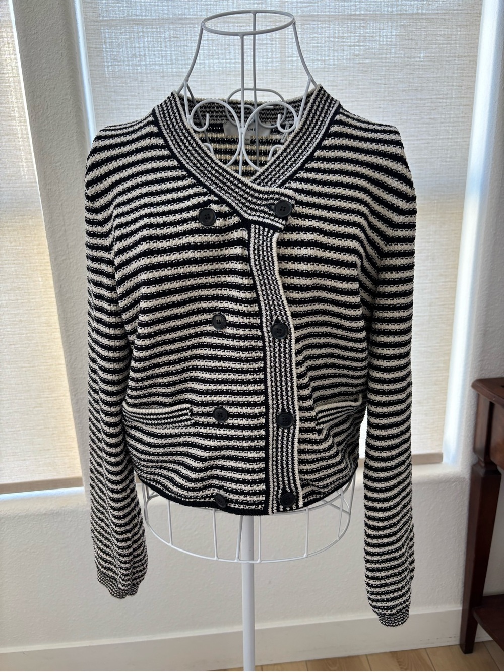 FRAME The Court Striped Cotton-Blend Cardigan Women's Size M Black White Sweater